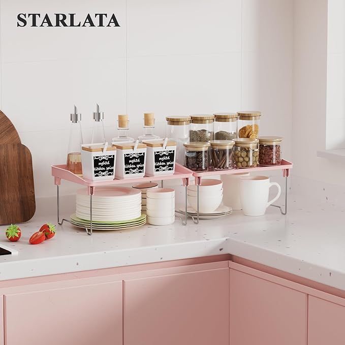 2 Pcs Cabinet Organizer Shelf，Stackable Kitchen Counter Shelves, Spice Rack,Countertop Organizers，Pink Plastic Storage Shelves Rack for Makeup，Bathroom, Cupboard，Desk，Pantry Organization