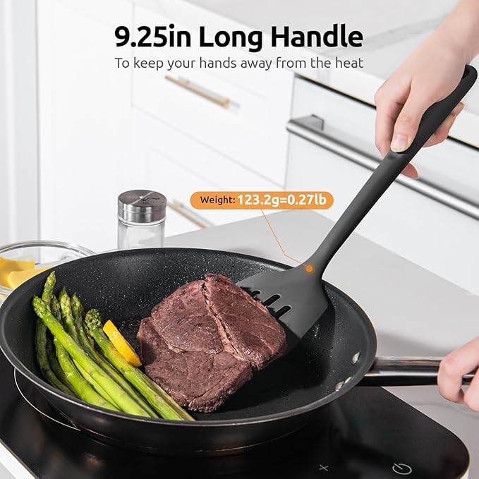 600ºF Heat Resistant Slotted Turner: U-Taste 13.6in Silicone Kitchen Spatula Flipper, 3.74in Wide Food Grade Flexible Thin Rubber Cooking Utensil for Egg, Pancake, Cookie in Nonstick Cookware (Black)