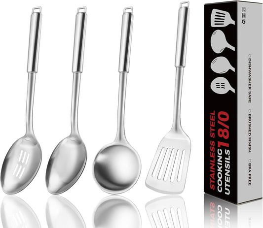 18/0 Stainless Steel Kitchen Cooking Utensil Set, Ergonomic Handle, Dishwasher Safe, Slotted Spoon, Ladle, Turner, Serving Spoon for Housewarming Daily Use Commercial, Pack of 4