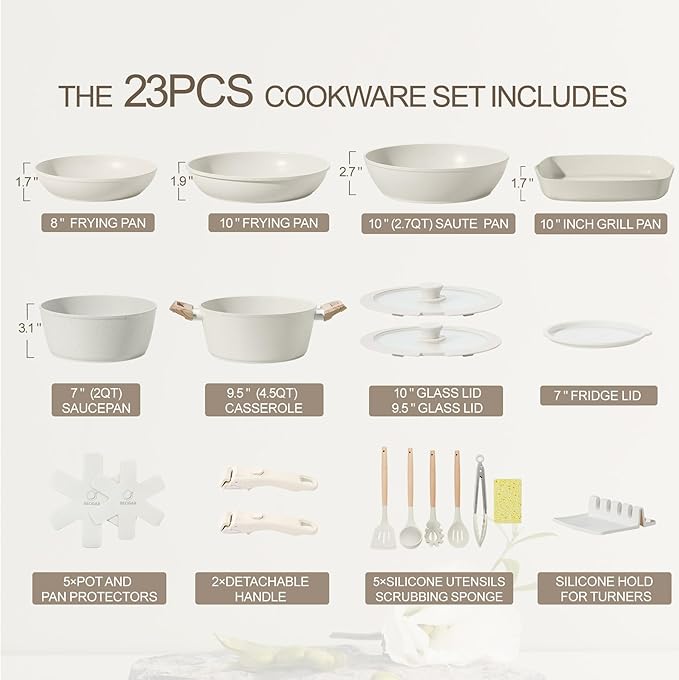 23PCS Ceramic Pots and Pans Set,Nonstick, Removable Handle Pots and Pans Set, Stackable Pan Set, Ceramic Nonstick Pan Non Stick for Easy Cooking