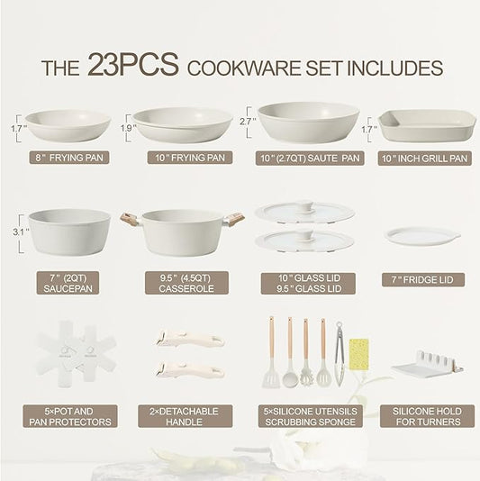 23PCS Ceramic Pots and Pans Set,Nonstick, Removable Handle Pots and Pans Set, Stackable Pan Set, Ceramic Nonstick Pan Non Stick for Easy Cooking