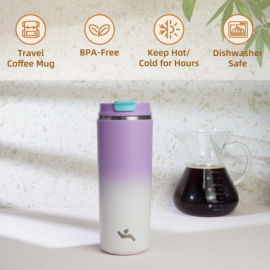 Tumbler with Lid, 16 oz Travel Coffee Mug Double Wall Vacuum Stainless Steel Thermal Metal Cup Insulated Water Bottle,PurpleWhite