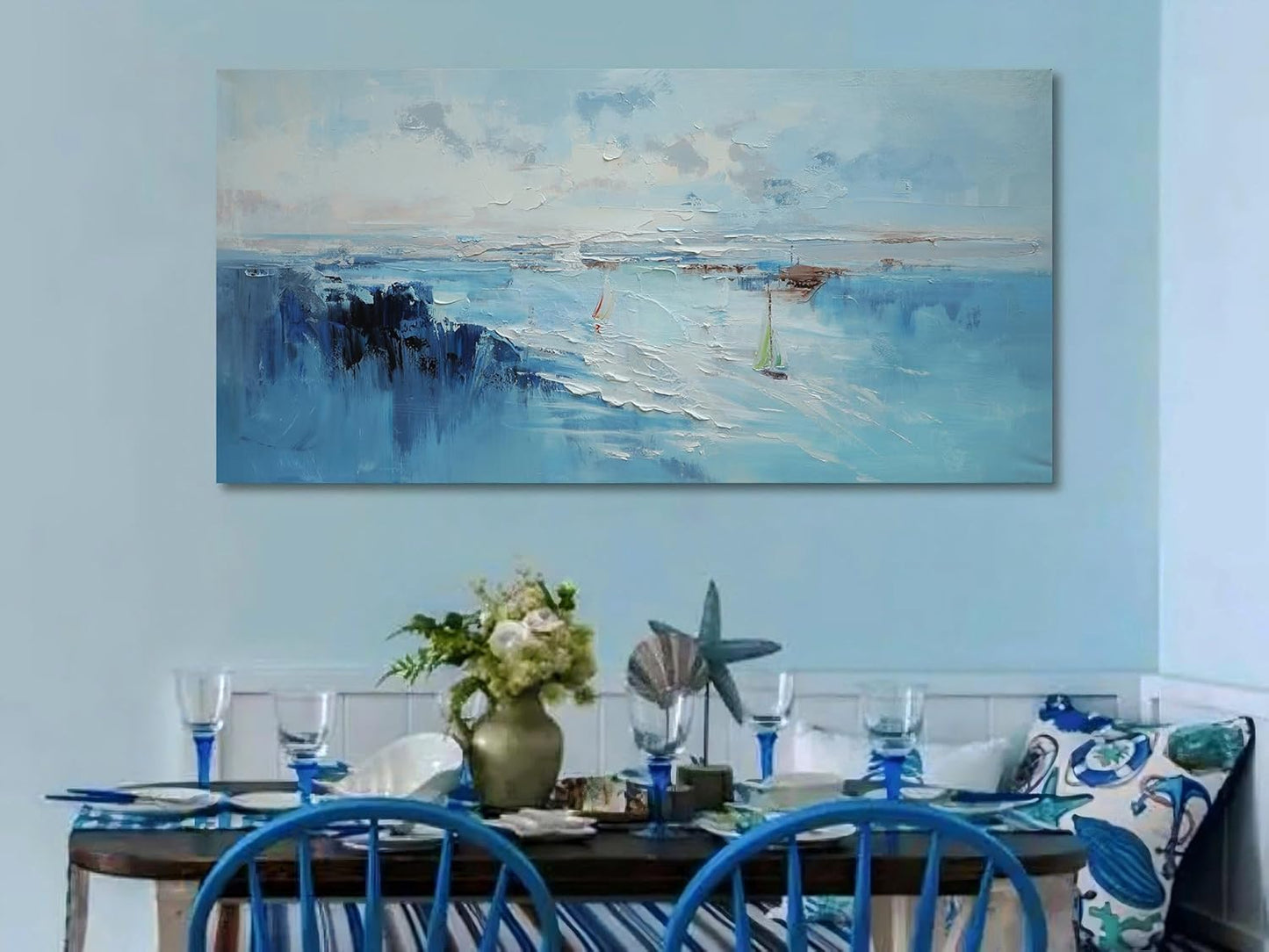 Ardemy Abstract Wall Art for Living Room Extra Large Teal Coastal Sailboat Textured Bedroom Pictures Wall Decor Artwork for Walls Home Office Kitchen Dining Room, 58"x29"