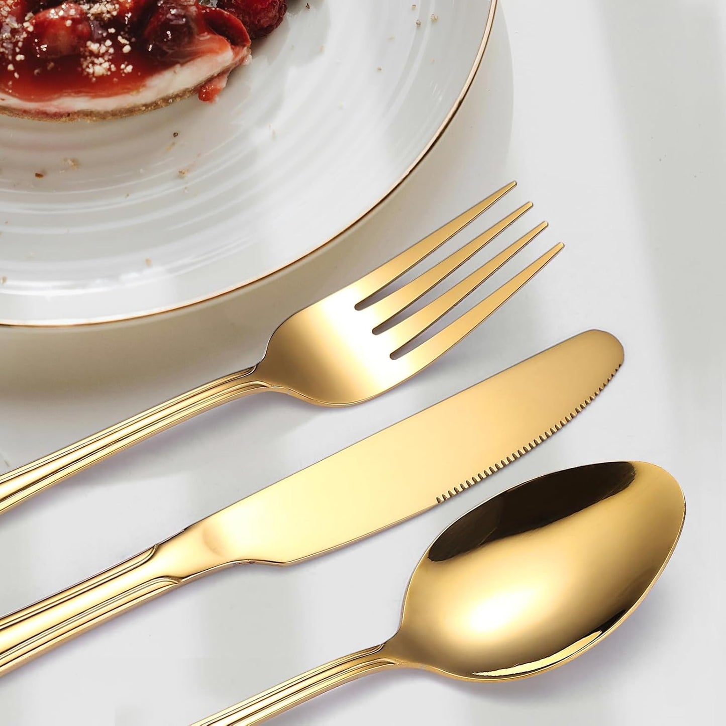 Gold Silverware Flatware Set for 4 Person Luxury Stainless Steel Cutlery 20 Pieces Forks Knives Spoons Modern Eating Utensils Double Line Edges Handle