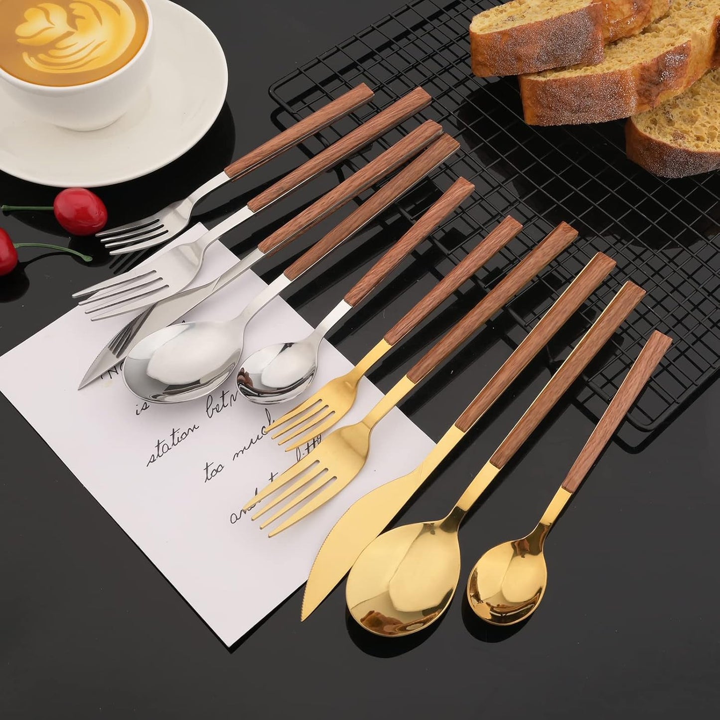 JASHII Wood Handle Flatware Set, 20 Pieces Stainless Steel Silverware Cutlery Set, Mirror Polished, Square Knife Fork Spoon Set, Dishwasher Safe - Korean Style Gold