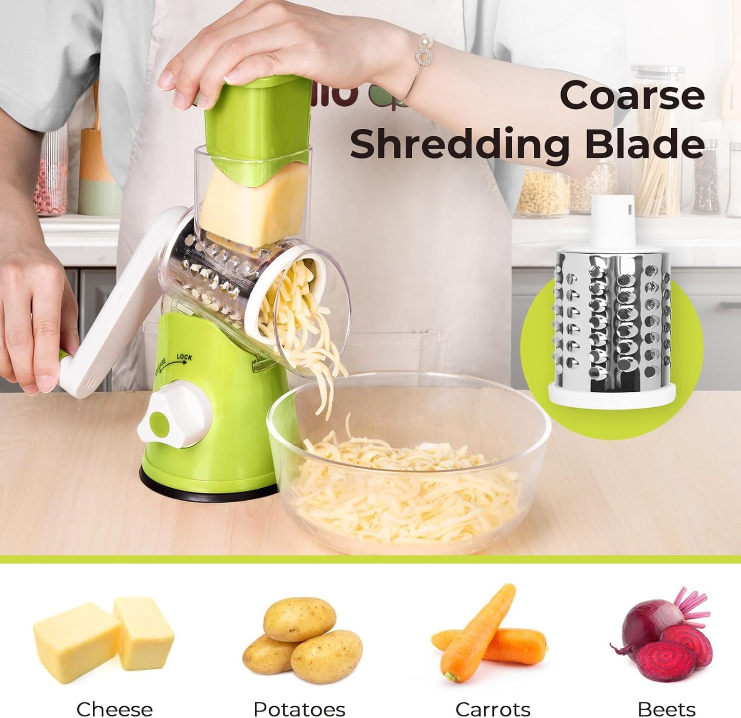X Home Rotary Cheese Grater for Kitchen, Shredder with 3 Interchangeable Blades, Rotary Grater with Handle and Strong Suction Base, for Vegetables, Fruit, Nuts, Easy to Use and Clean, Green