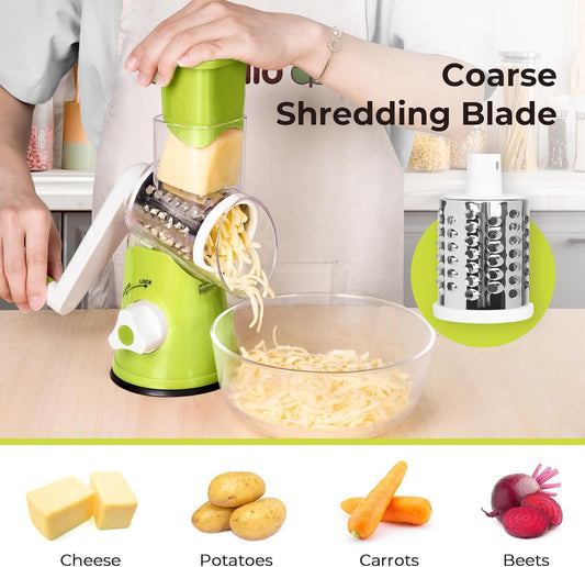 X Home Rotary Cheese Grater for Kitchen, Shredder with 3 Interchangeable Blades, Rotary Grater with Handle and Strong Suction Base, for Vegetables, Fruit, Nuts, Easy to Use and Clean, Green