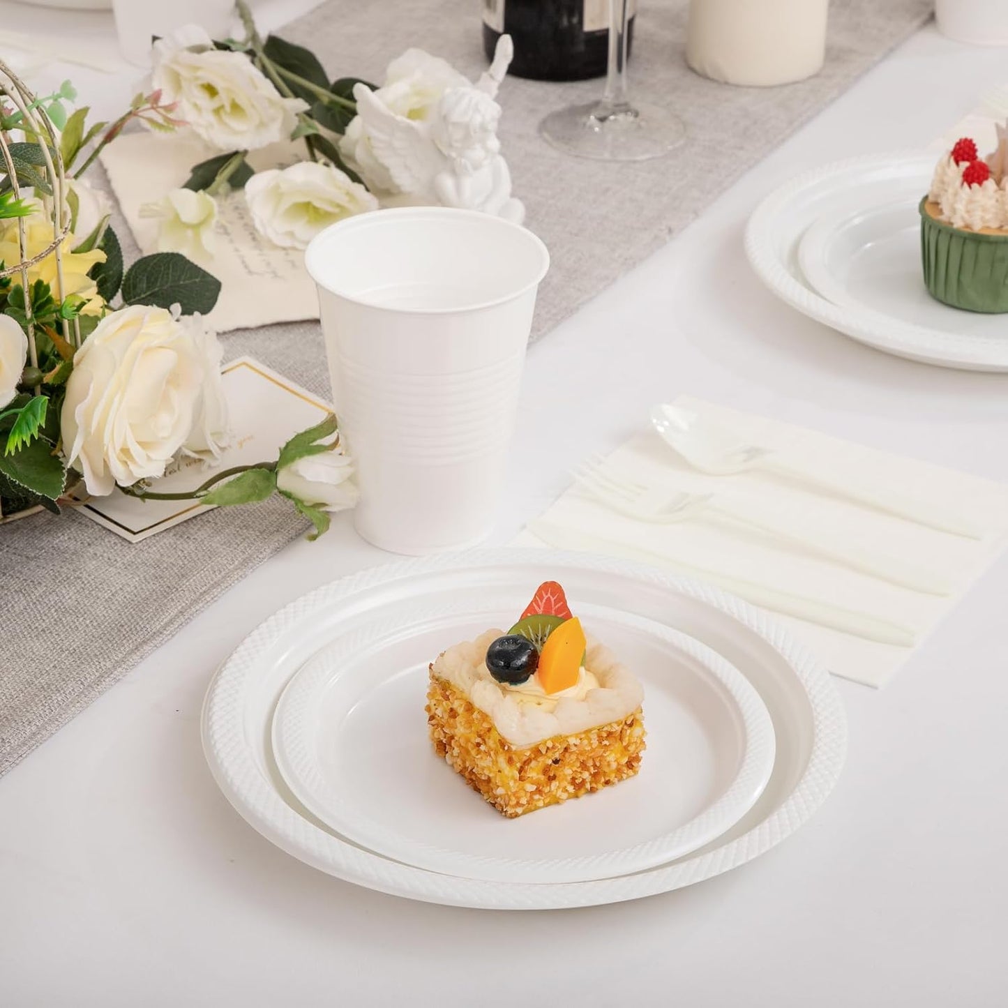 WELLIFE 210 Pieces White Party Supplies, White Plastic Dinnerware Set, Including Plates, 16OZ Cups, Plastic Cutlery and Paper Napkins Serve 30 Guests for Party