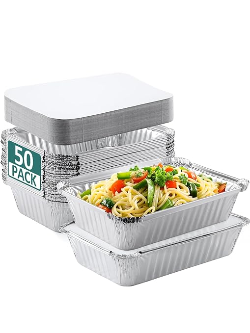 50 Pack 8x6 Disposable Aluminum Pans with Lids Aluminum-Foil-Pans-Tin-Foil-Baking-Pans-Tin-Trays-Food-To-Go-Containers-for-Meal-Prep-Cooking-Roasting-Heating-Takeout