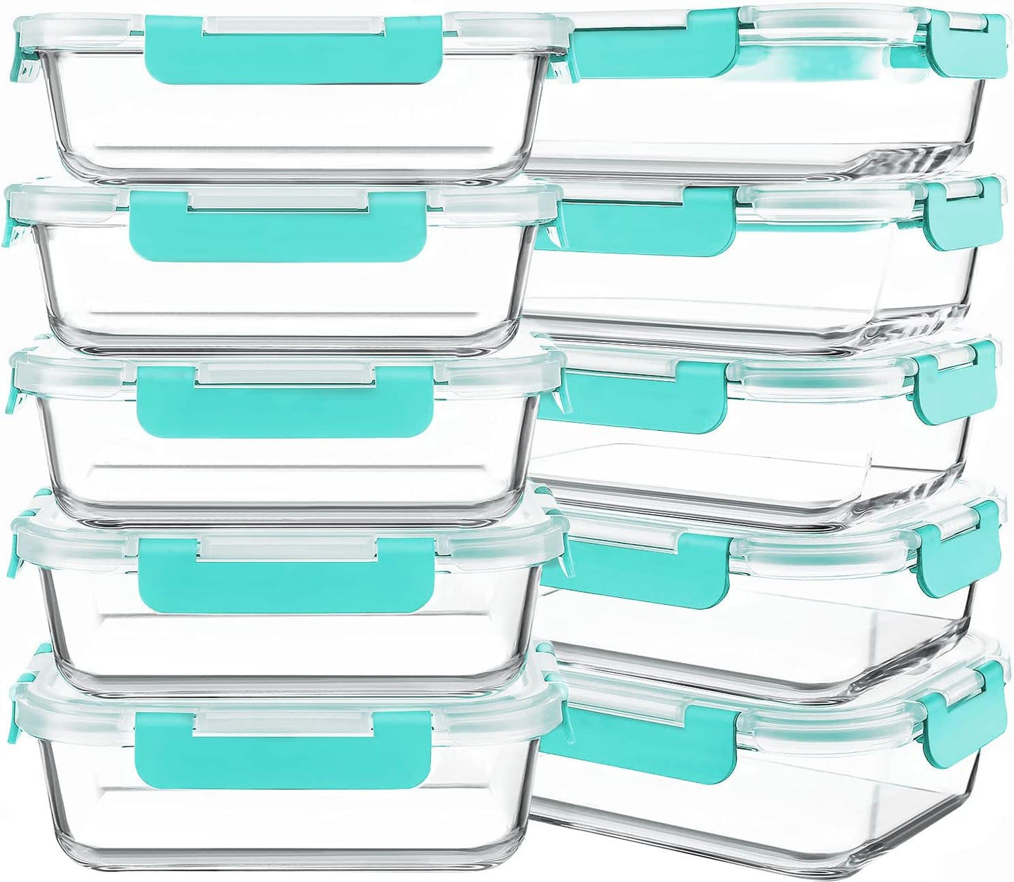 KOMUEE 10 Packs 30 oz Glass Meal Prep Containers,Glass Food Storage Containers with Lids,Airtight Lunch Bento Boxes, Microwave, Oven, Freezer and Dishwasher,Green