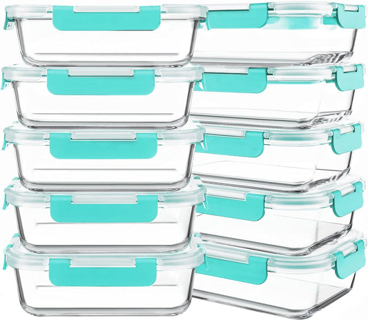 KOMUEE 10 Packs 30 oz Glass Meal Prep Containers,Glass Food Storage Containers with Lids,Airtight Lunch Bento Boxes, Microwave, Oven, Freezer and Dishwasher,Green