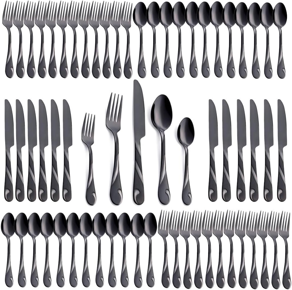 Black Silverware Set for 12, 60-Piece Stainless Steel Flatware Set, Shiny Black Metal Cutlery Set, Include Fork, Knife and Spoon Set, Dishwasher Safe
