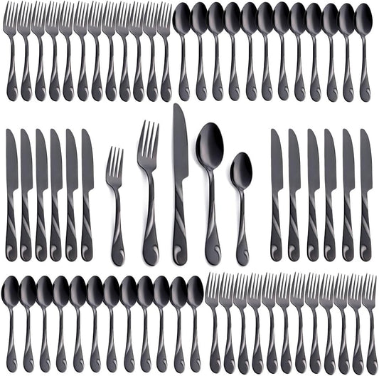 Black Silverware Set for 12, 60-Piece Stainless Steel Flatware Set, Shiny Black Metal Cutlery Set, Include Fork, Knife and Spoon Set, Dishwasher Safe