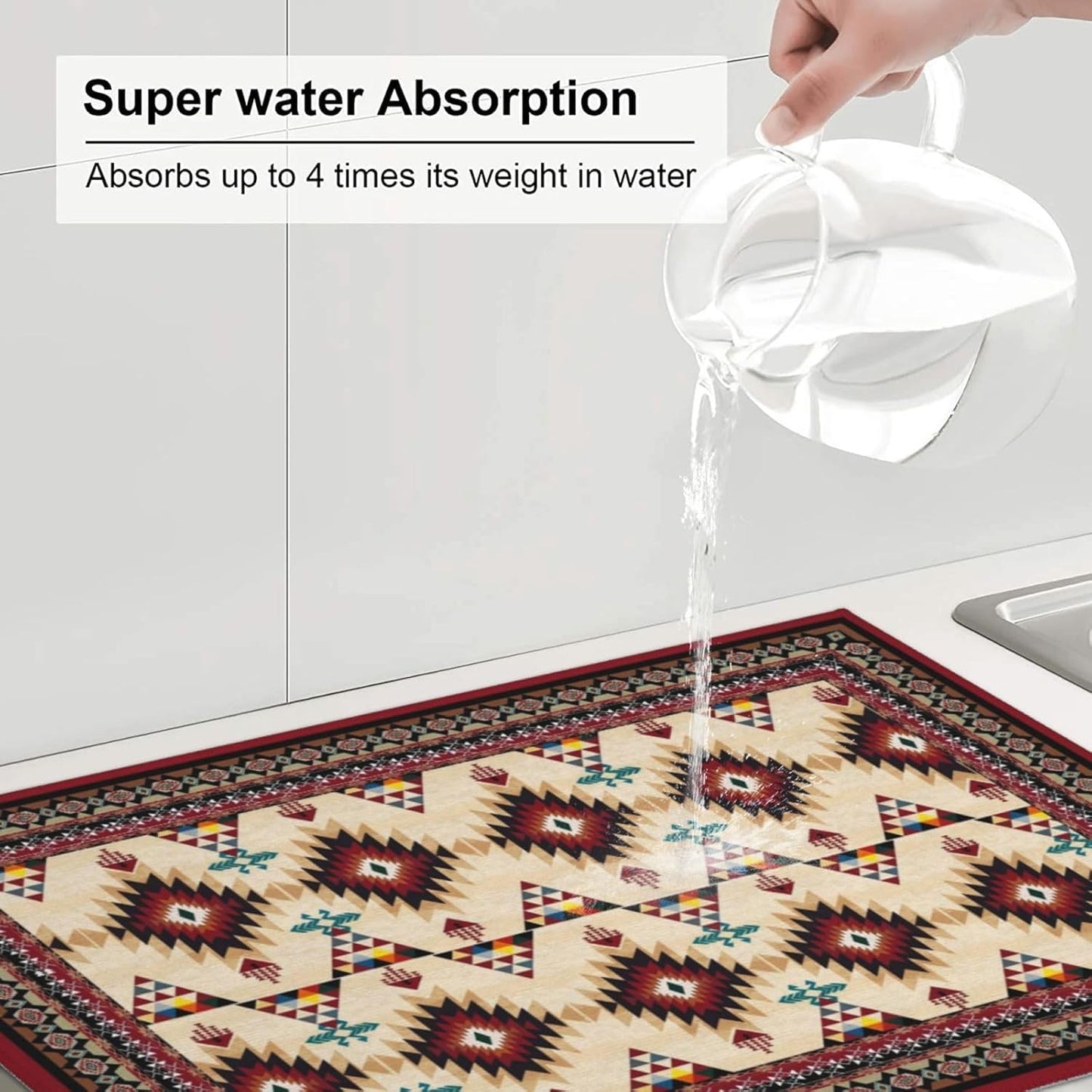 Southwestern Tribal Aztec Geometric Dish Drying Mats for Kitchen Counter & Sink, Absorbent Microfiber Drying Pad for Dishes, Ethnic Rustic Brown Kitchen Mat for Dining Area & Home Decor, 16" x 18"