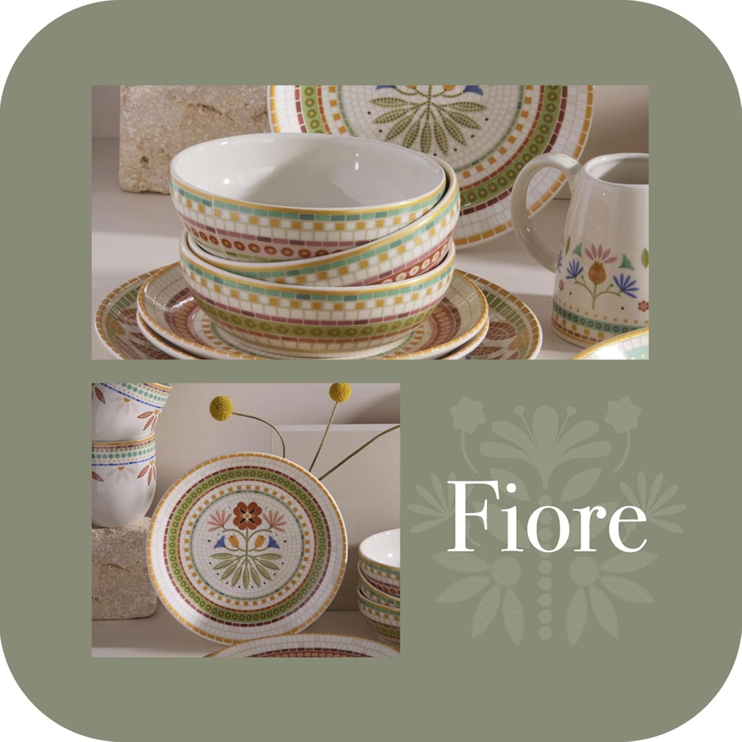 Corona Dinnerware Set 16–piece Mosaic Tropical Flower Pattern Ceramic Dinnerware Sets | Plates, Bowls and Mugs | Service For 4 | Fiore