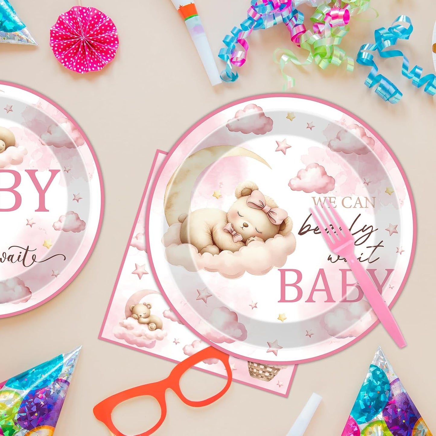 Bear Disposable Party Plates - 96 Pcs Pink We Can Bearly Wait Baby Shower Decorations for Girls Cute Gender Reveal Napkins Forks Tableware Set Supplies Shortcake Dinnerware Serves 24 Guests