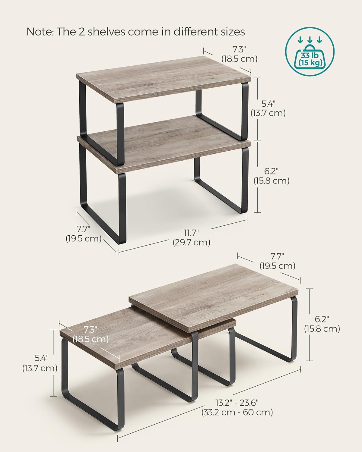 SONGMICS Cabinet Organizer Shelf, Set of 4 Kitchen Counter Shelves, Kitchen Storage, Spice Rack, Stackable, Expandable, Metal and Engineered Wood, Ink Black and Heather Greige UKCS021X02