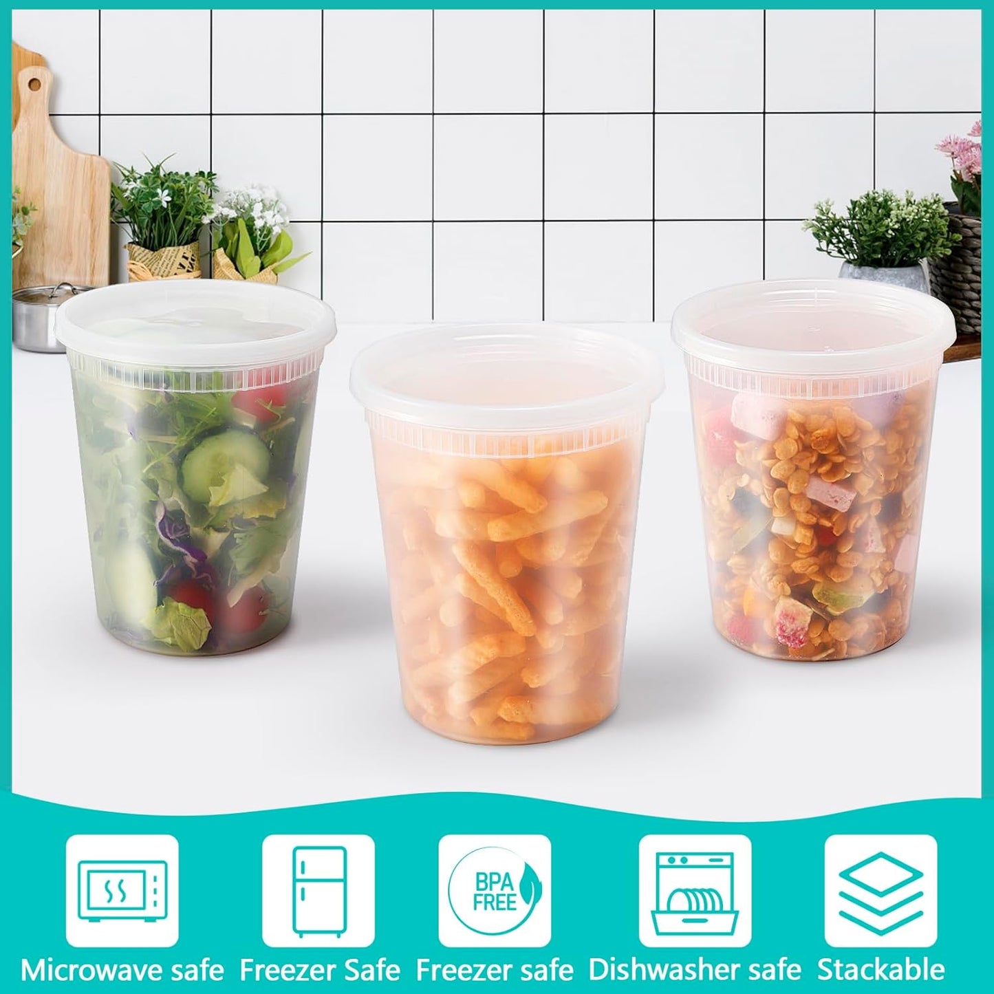 44 Sets Soup Containers with Lids,32 oz Deli Food Storage Containers,Clear Stackable Plastic Deli Container,Leakproof Soup Takeout Containers,Microwave Freezer Dishwasher Safe for Restaurant