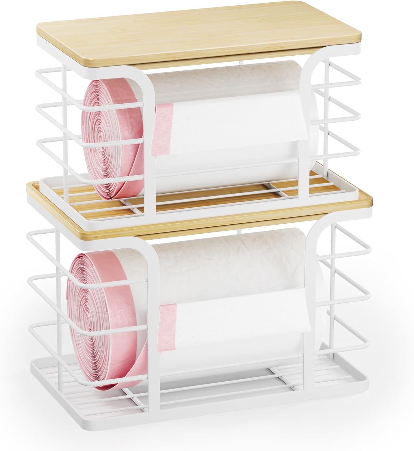 2 Pack Stackable Storage Kitchen Laundry Pantry Organizers,Trash Bag Holder Wall Mount,Garbage Bag Dispenser with Bamboo Top,White Large and Small