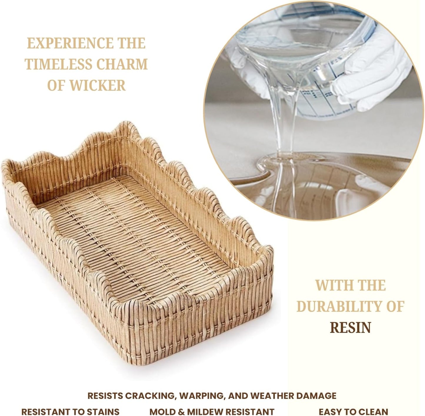 Two's Company Scalloped Edge Basket Weave Pattern Holder - Decorative Napkin Holder for Kitchen & Bathroom, Resin Guest Towel & Utensil Holder, Rustic Farmhouse Decor & Organizer