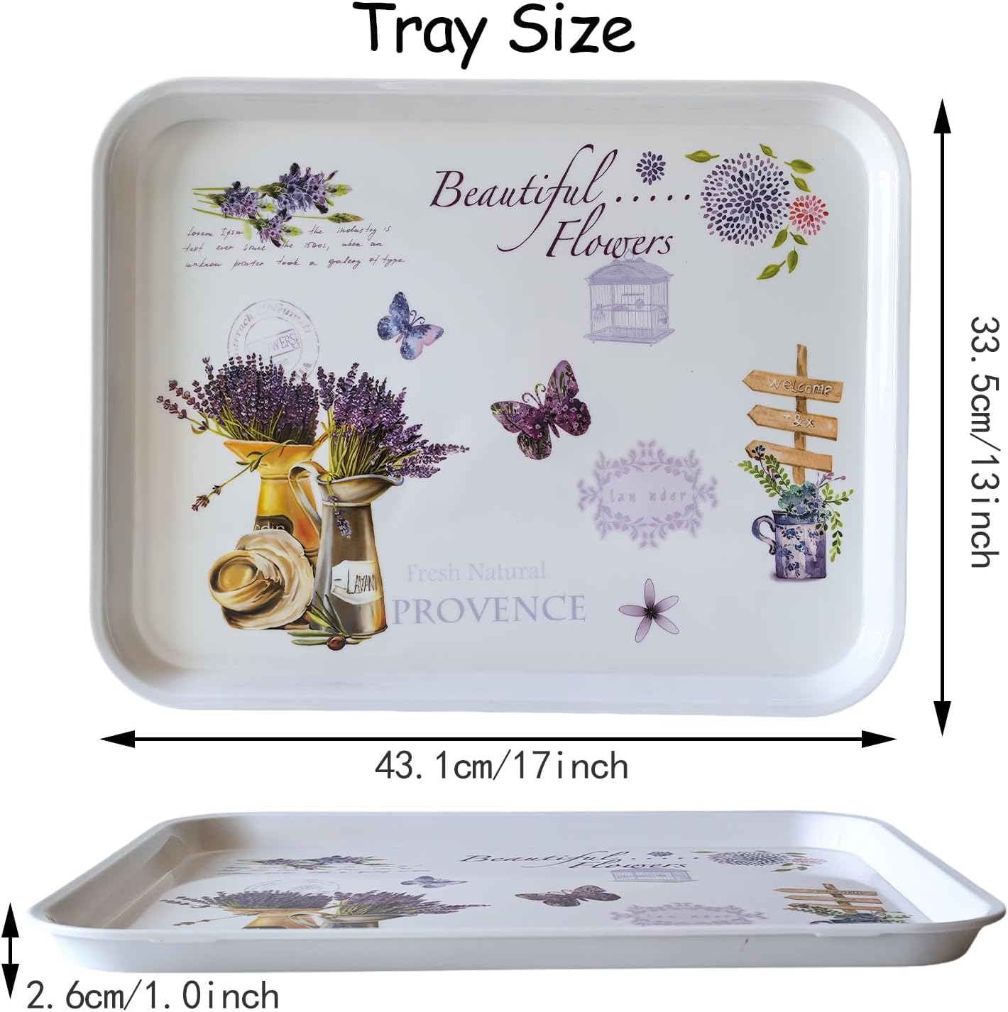 Large Serving Platter Melamine Trays 2 Pack Stackable Food Tray with Floral Print for Gift, Party, Decor, Home, Restaurant (Purple Lavender, Large)