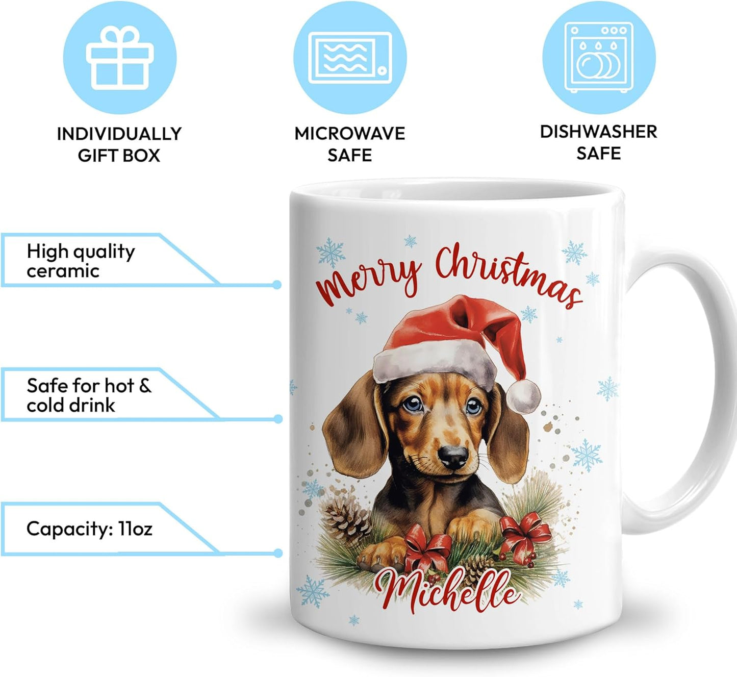 Hyturtle Personalized Gifts Dog Lover - Dachshund Merry Christmas Custom Name Ceramic Coffee Mug Cup 11oz - Cute Animal Lovers Gifts For Women, Girl kids Family On Birthday, Christmas