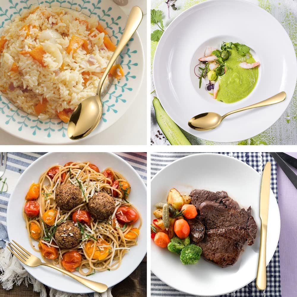 Gold Silverware Set 12 Stainless Steel Flatware Set 60 Piece Spoon Fork Knives Round Wide Handle Proper Weight Dishwasher Safe Gatherings Festival Parties…