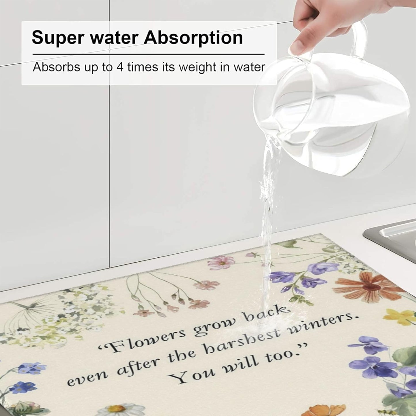 Inspirational Flower Language Dish Drying Mat 16x18 Inch, Microfiber Absorbent Fast Dry Mat Daisy Floral Large Dish Mat Drying Kitchen Mat, Kitchen Drying Pad for Kitchen Counter Decor