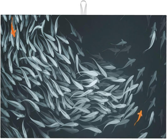 Japanese Fish Dish Drying Mat 18x24 Inch, Microfiber Absorbent Fast Dry Mat Artistic Painting of Fish Large Dish Mat Drying Kitchen Mat, Kitchen Drying Pad for Kitchen Counter Coffee Bar Decor