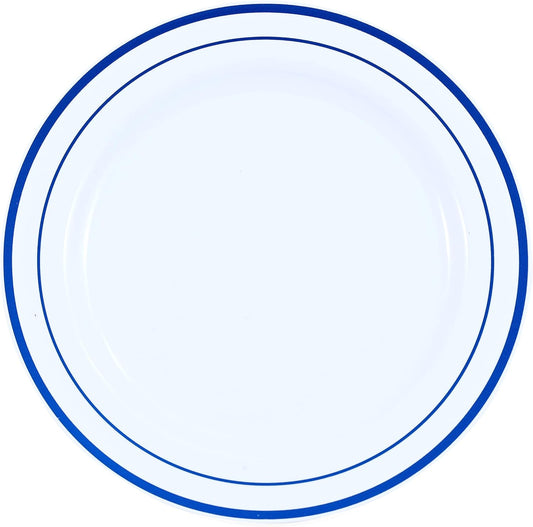 120-Piece Dinner Plastic Plates Set Premium 120 Dinner Plates, Disposable Plates for Party - White Plastic Wedding Plates with Blue Rim