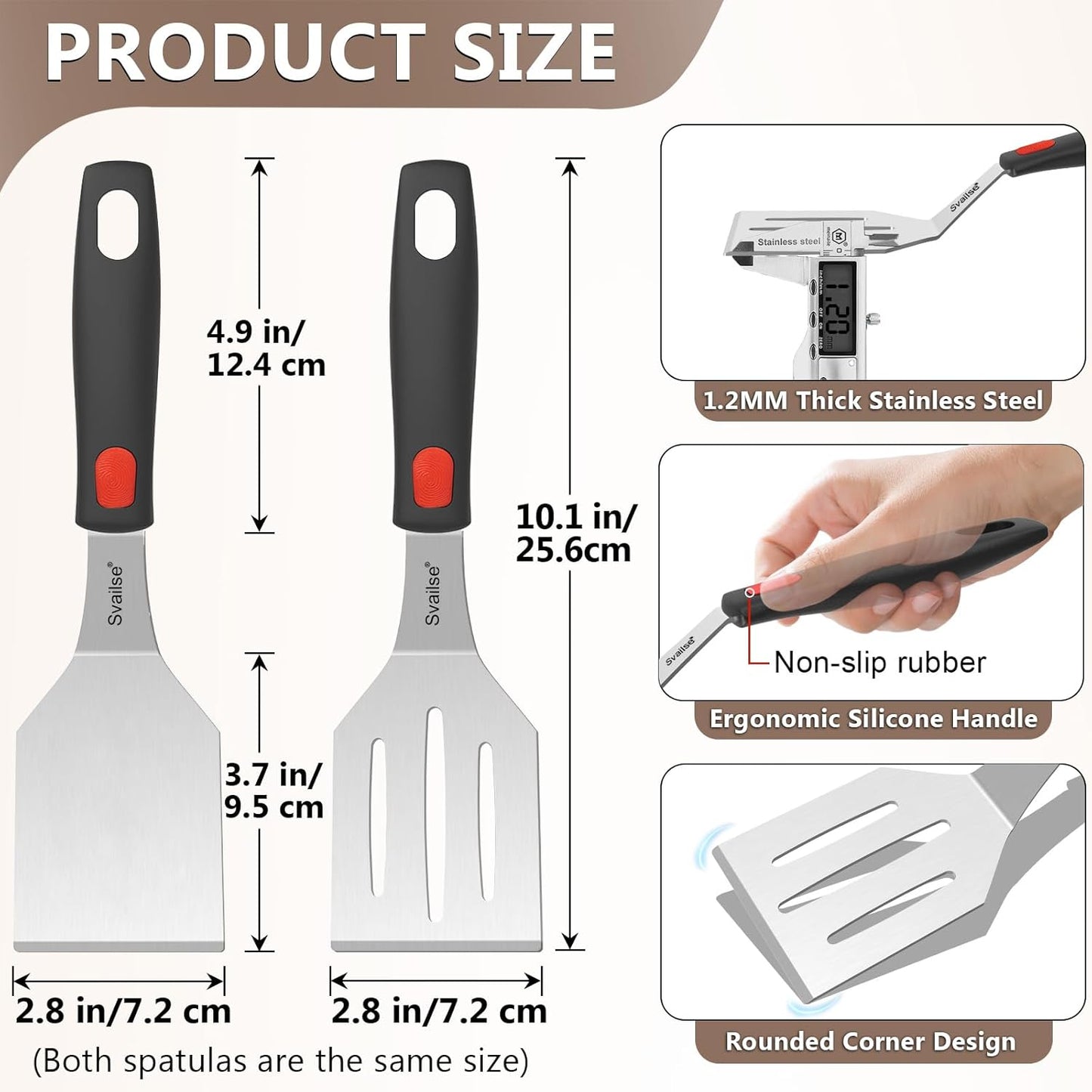 2Pcs Stainless Steel Spatula Set, Metal Turners for Kitchen Use, Metal Cooking Utensils for Cast Iron Skillet with Silicone Handle, Spatula Flipper for Frying Egg, Brownie, Cookies or Pancake