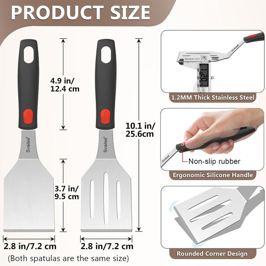 2Pcs Stainless Steel Spatula Set, Metal Turners for Kitchen Use, Metal Cooking Utensils for Cast Iron Skillet with Silicone Handle, Spatula Flipper for Frying Egg, Brownie, Cookies or Pancake