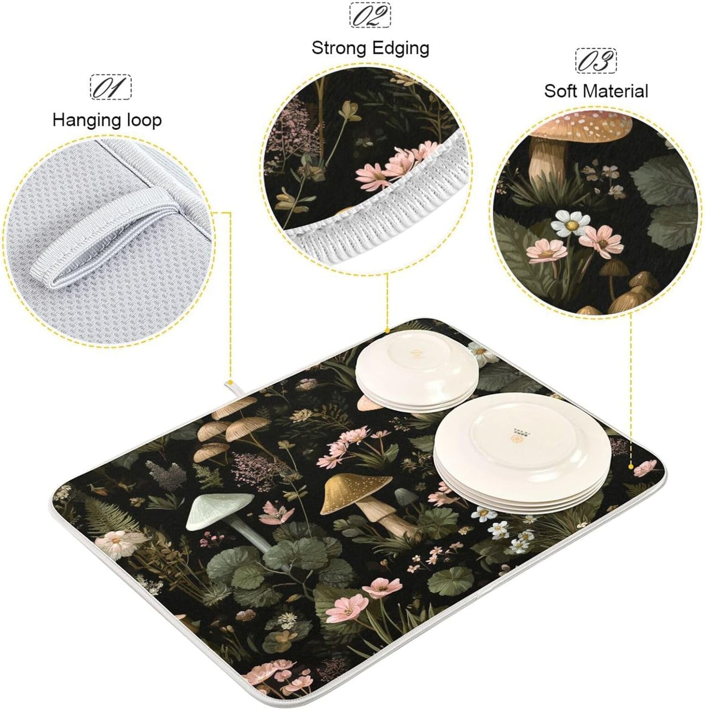Mushrooms White Pink Flowers Dish Drying Mat for Kitchen Counter Super Absorbent Dishes Pad Reversible Microfiber Protector Dish Draining Mats 18x24 inch