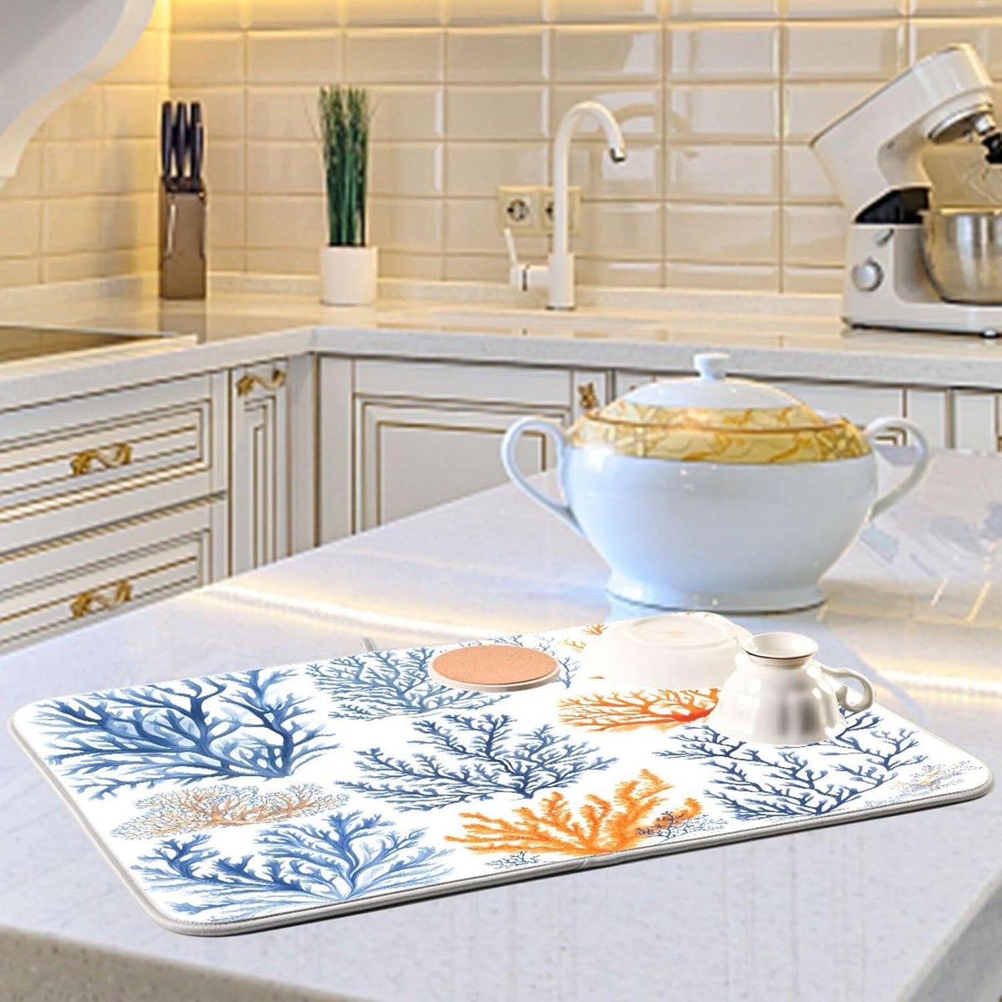 Coral and Seaweed Dish Drying Mat for Kitchen Counter Super Absorbent Dishes Pad Reversible Microfiber Protector Dish Draining Mats 18x24 inch