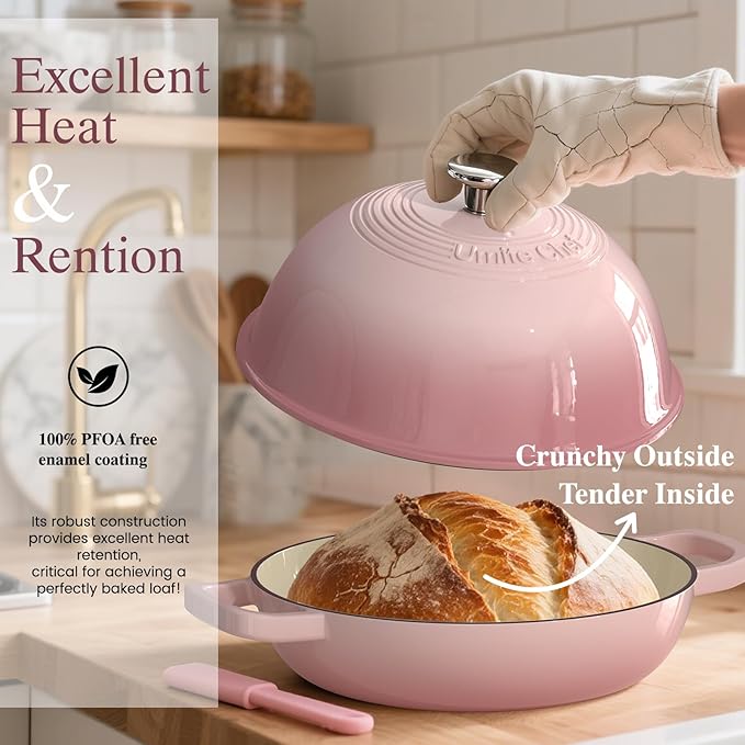 Cast Iron Dutch Oven Pot with Lid, Round Bread Oven for Sourdough Bread Baking, Umite Chef Enameled Cast Iron Bread Oven with Dome Lid & Cotton Potholders for Sourdough, Pink, 6 Quarts