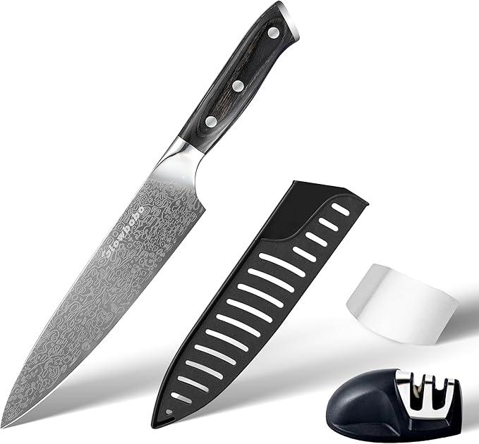 8 Inch Chef Knife 5Cr15MoV High Carbon Steel Professional Kitchen Knife Razor Sharp Blade with Non Slip natural colorwood Handle and Gift Box Blade Guard Finger Guard Sharpener Included