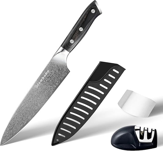 8 Inch Chef Knife 5Cr15MoV High Carbon Steel Professional Kitchen Knife Razor Sharp Blade with Non Slip natural colorwood Handle and Gift Box Blade Guard Finger Guard Sharpener Included