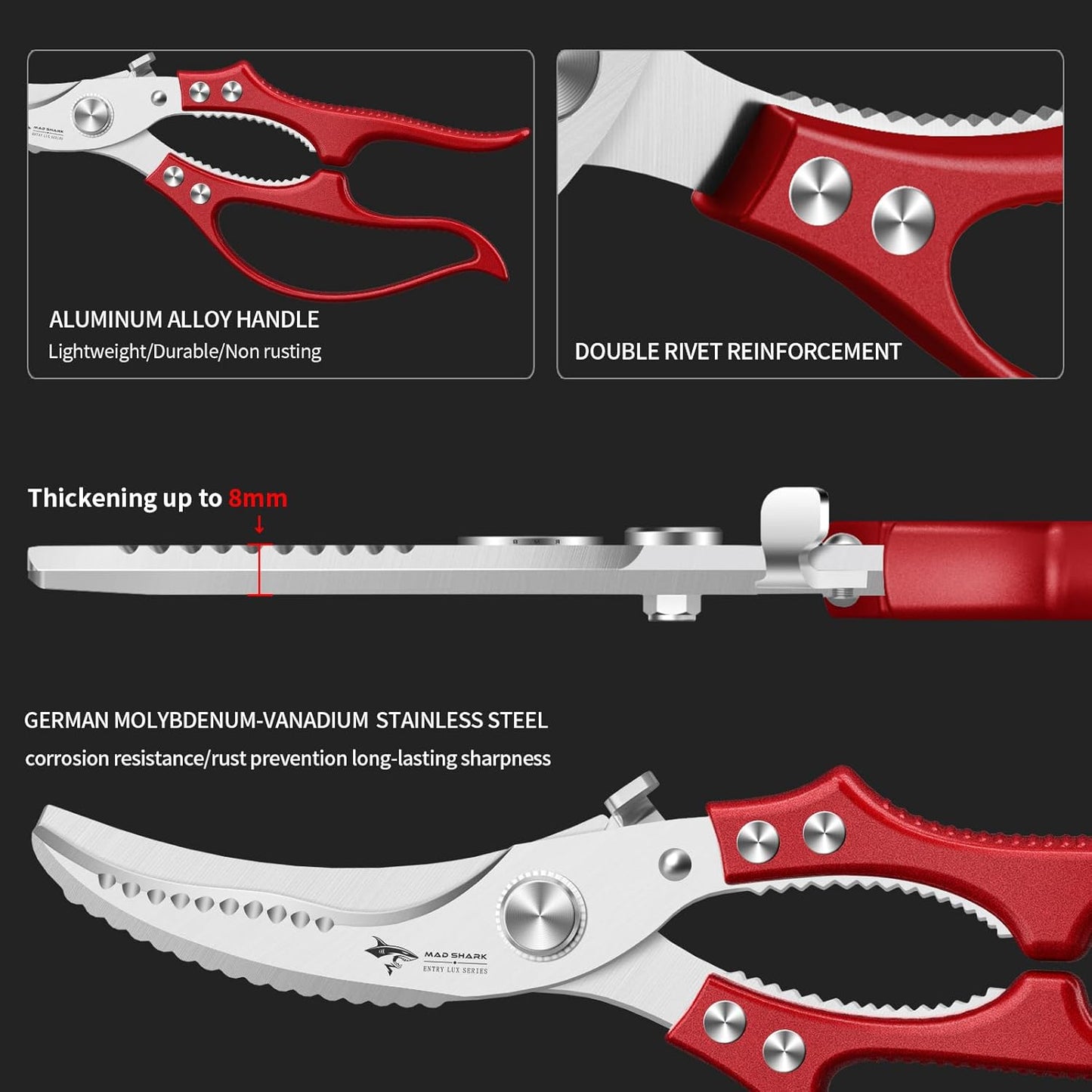 MAD SHARK Professional Heavy Duty Poultry Shears - Kitchen Shears for Spatchcocking Chicken and Meat Cutting, Multi-Purpose Kitchen Scissors for Food, Spring-loaded (Red)
