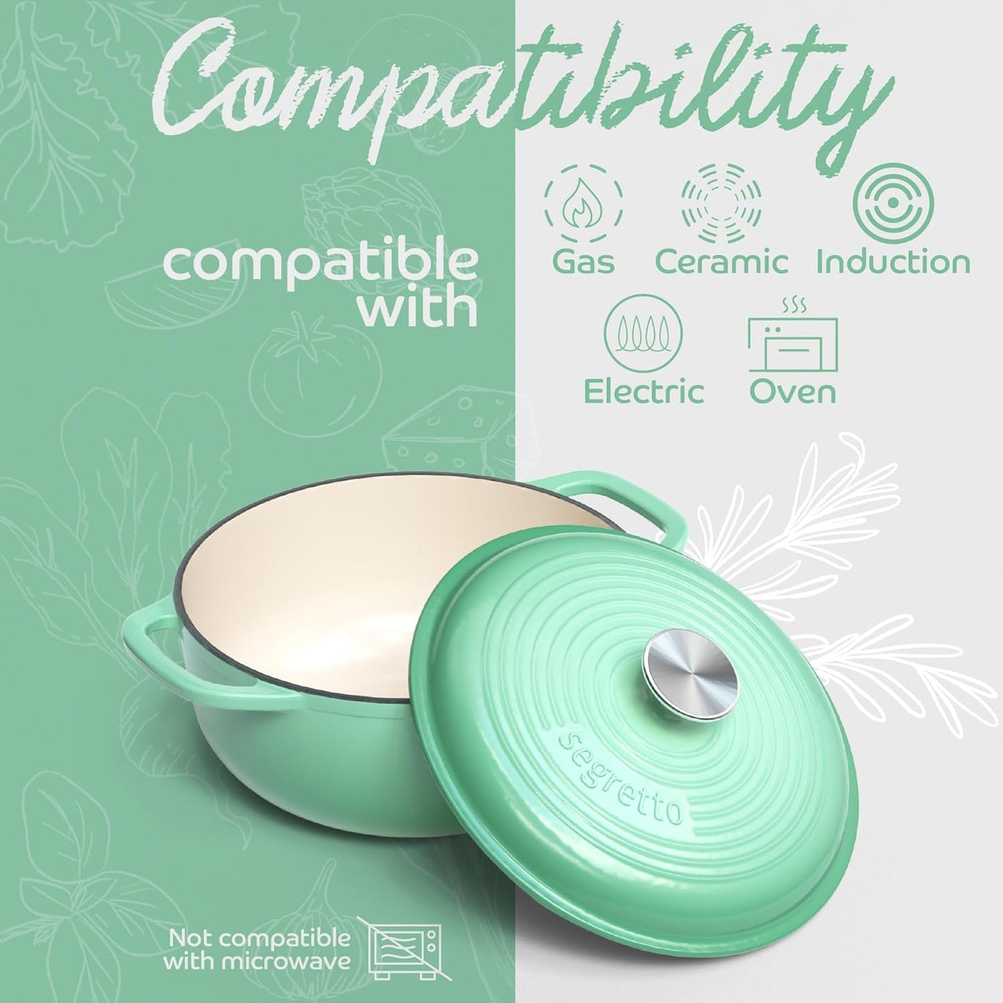 Segretto Cookware Enameled Cast Iron Dutch Oven with Handle, 4.57 Quarts, Verde Chiaro (Gradient Green) Oven Safe Dutch Oven Pot With Lid Ceramic Enamel Cast Iron Pot Cookware | Bread Oven