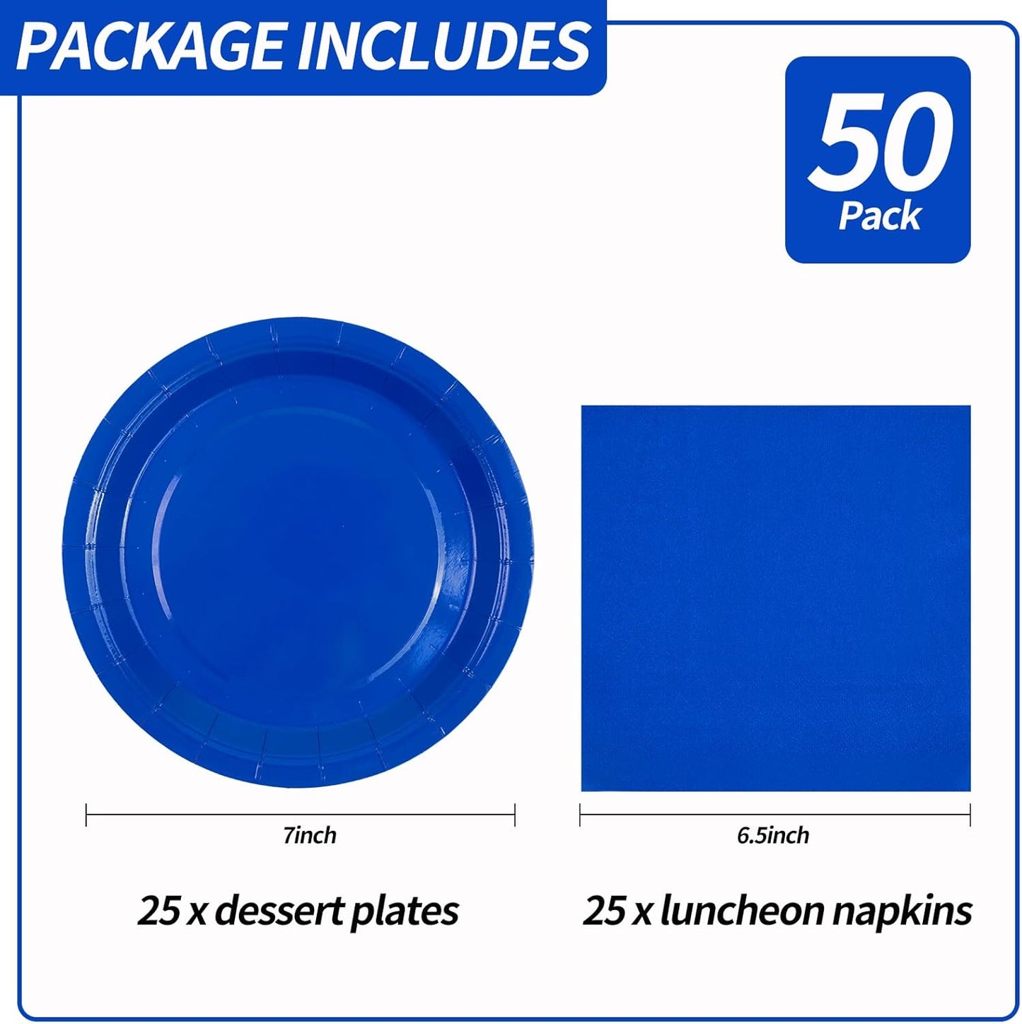 50PCS Blue Paper Plates and Napkins Party Supplies, 7Inch Blue Party Dessert Plates Disposable Tableware Set for Wedding Birthday Bridal Shower Baby Shower Decorations