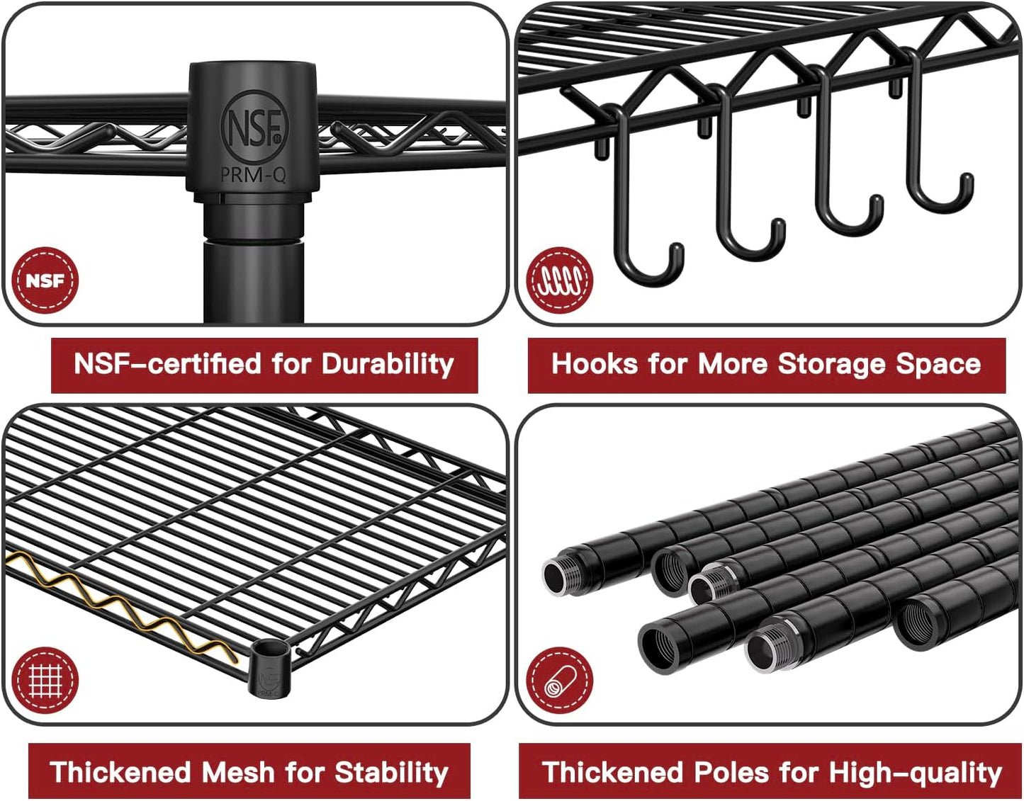 PrimeZone Wire Metal Storage Shelves - 5 Tier Adjustable NSF Certified Heavy Duty Garage Shelving Unit Organizer Rack, Steel Utility Shelf for Kitchen, Pantry, 35.5" W x 14" D x 72" H, Black, 2 Packs
