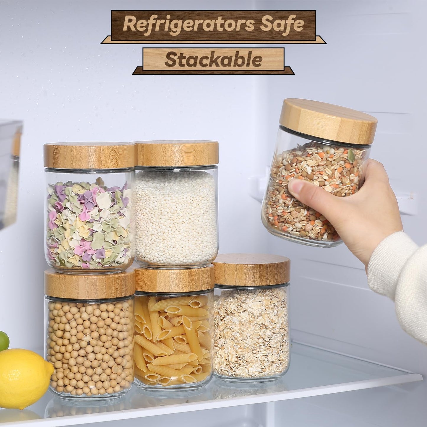 16 Oz Overnight Oats Containers 16 OZ Mason Food Jars With lid Wide Mouth Glass Food Storage (6 Pack Bamboo Lid)