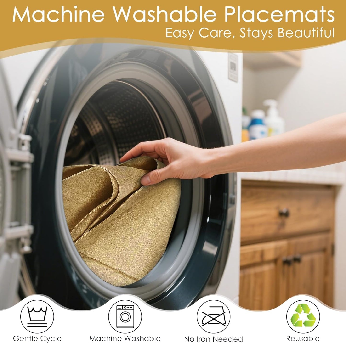 MANSPHIL Fabric Placemats Set of 6 Faux Linen Table Mats Thick Cloth Place Mats Heat Resistant Double Layer Wrinkle Free Dining Kitchen Table Decor - 13x19 Inch Khaki Oeko Tex Placemat