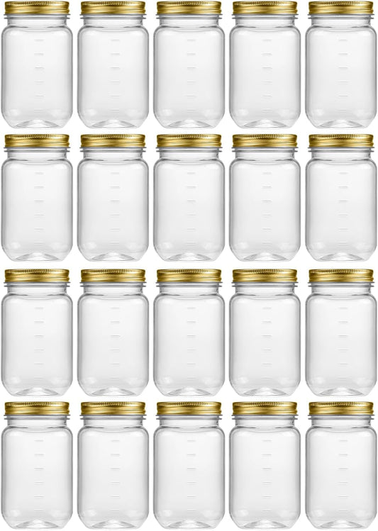 novelinks 16 oz Clear Plastic Jars with Screw-On Lids - BPA-Free Refillable Storage Containers for Slime, Food, Crafts, Kitchen & Household Use (20 Pack,Gold)