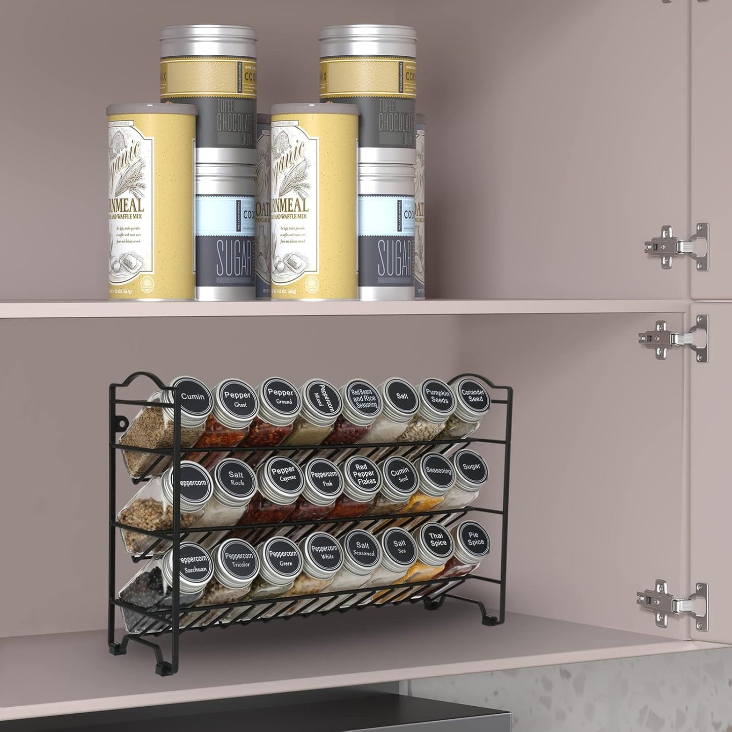 SWOMMOLY Spice Rack Organizer with 24 Empty Glass Spice Jars, 396 Spice Labels with Chalk Marker and Funnel Complete Set, for Countertop, Cabinet or Wall Mount, Black