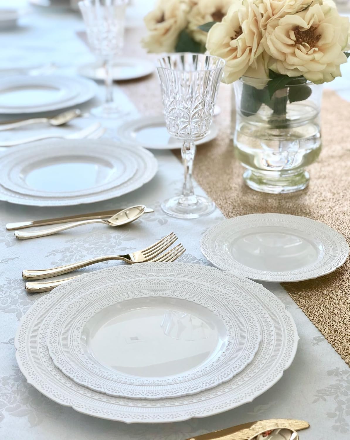 " OCCASIONS " 120 Plates Pack,(60 Guests) Extra Heavyweight Vintage Wedding Disposable/Reusable Plastic Plates 60 x 11'' Dinner + 60 x 8.25'' Salad/Dessert Plate (Chateau White)