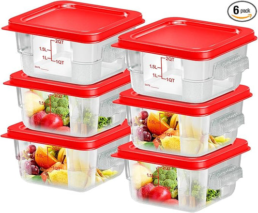 6 pcs 2qt Food Storage Containers with Lid, Square Clear Commercial Food Storage Containers with Handle and Scale for Food Storage in Home Kitchen & Dining (Red)