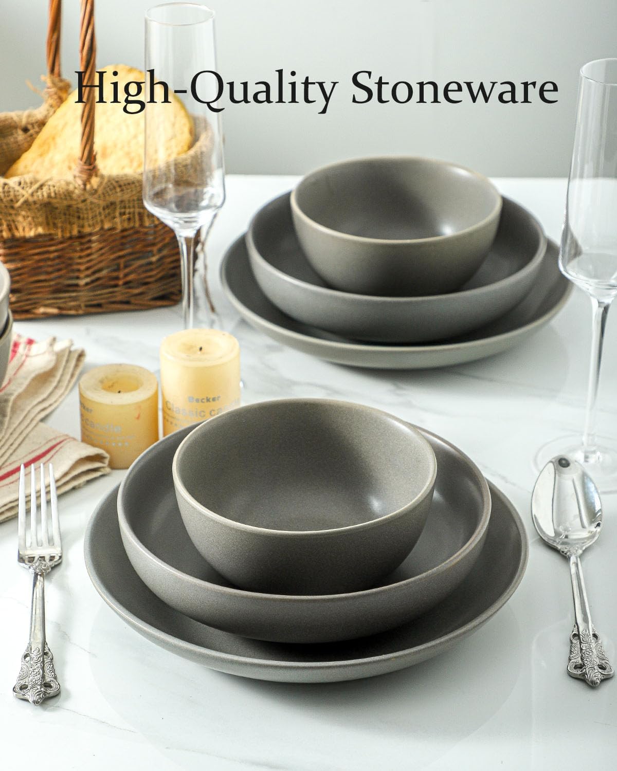 Cereal Bowls Set of 4, 24 oz Ceramic Bowls for Kitchen, Stoneware Soup Bowls for Salad, Ramen, Snack, Dessert, Unique Housewarming Gift, Dishwasher Microwave Safe, Matte Gray