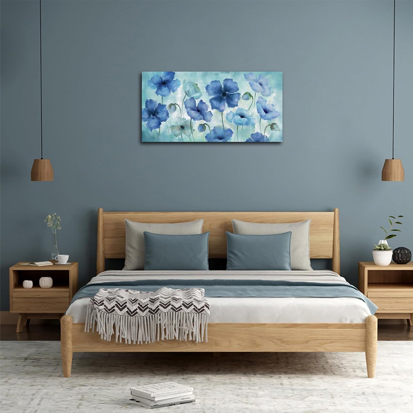 NINEASO Blue Abstract Flowers Wall Art - Elegant Floral Pictures Wall Decor Indigo Blue Green Blossom Canvas Painting Artwork Abstract Flowers Nature Print for Home Office Decoration 20" x 40"