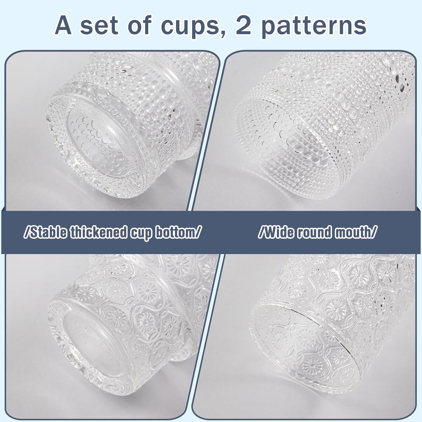 Drinking Glasses Set of 4, 16oz Textured Flower Design Cocktail Glasses, Stackable Old Fashioned Glass Cups, Vintage Glassware for a baby Shower Wedding for Kitchen and Bar - Dishwasher Clear